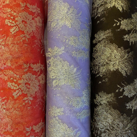 Marron Corail &amp; Lilas avec Fil Argenté Broderie Rigide Légère sur Filet de Tulle - 1m