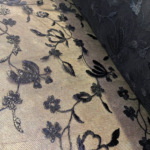 Black Wet Look Thread Lightweight Rigid Embroidery on Black Mesh Tulle Net - 1m