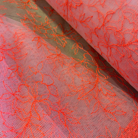 Fluorescent Coral Allover Embroidery on Pink Mesh Tulle Net - 1m
