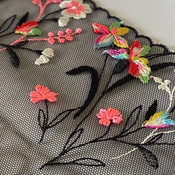 Black & Muticoloured Petal Floral Embroidery Galloon Edging “Lace” (21cm Wide) - 1m