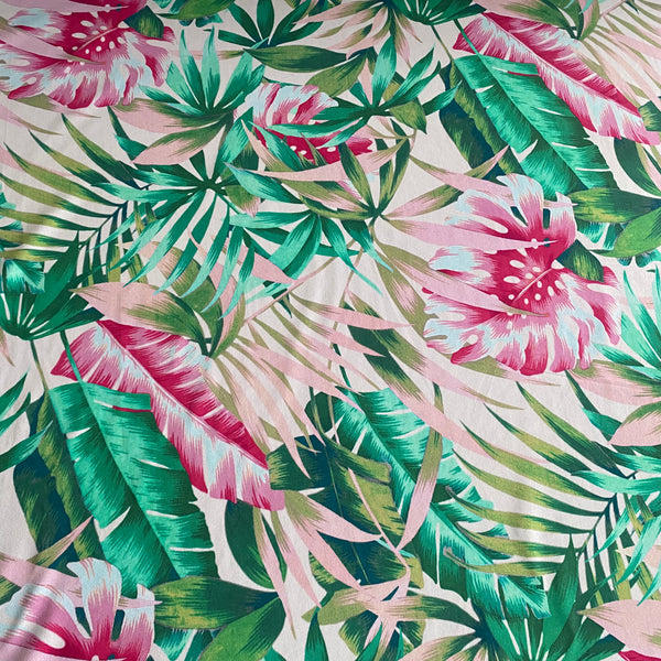 White Pink Green & Fern Leaf Print Tropical Lycra Fabric - 1m