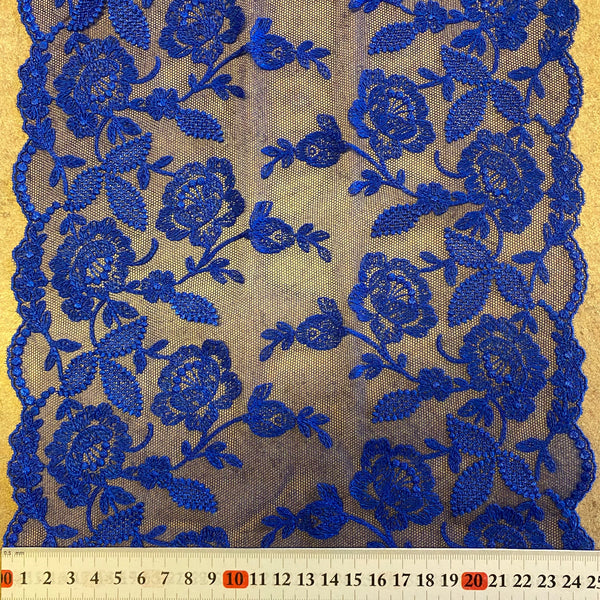 Bordure de galon de broderie florale rigide pêche « Tea Rose » bleu électrique rouge rubis « dentelle » (25 cm de large) - 1 m