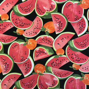 Stretch Orange & Watermelon on Black Lycra Fabric 1m