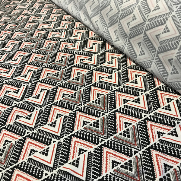 Stretch Black Red & White Aztec Triangles Lycra Fabric 1m