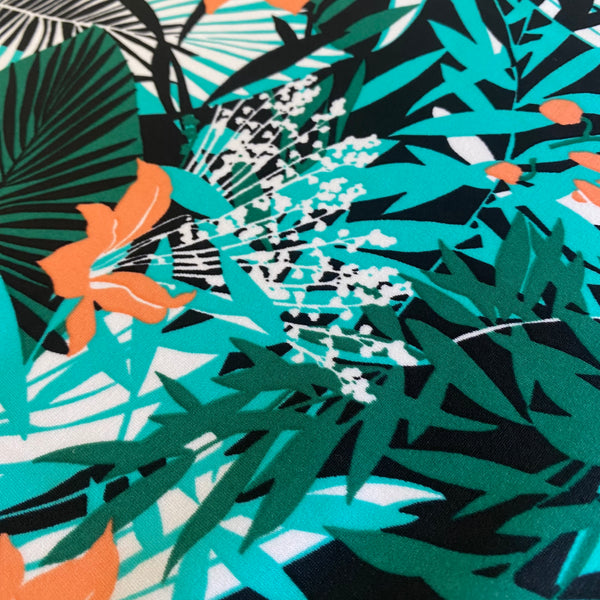 Coral Aqua Green Leaf print Tropical Lycra Fabric - 1m