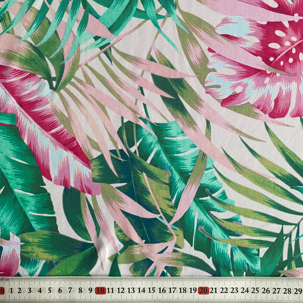 White Pink Green & Fern Leaf Print Tropical Lycra Fabric - 1m