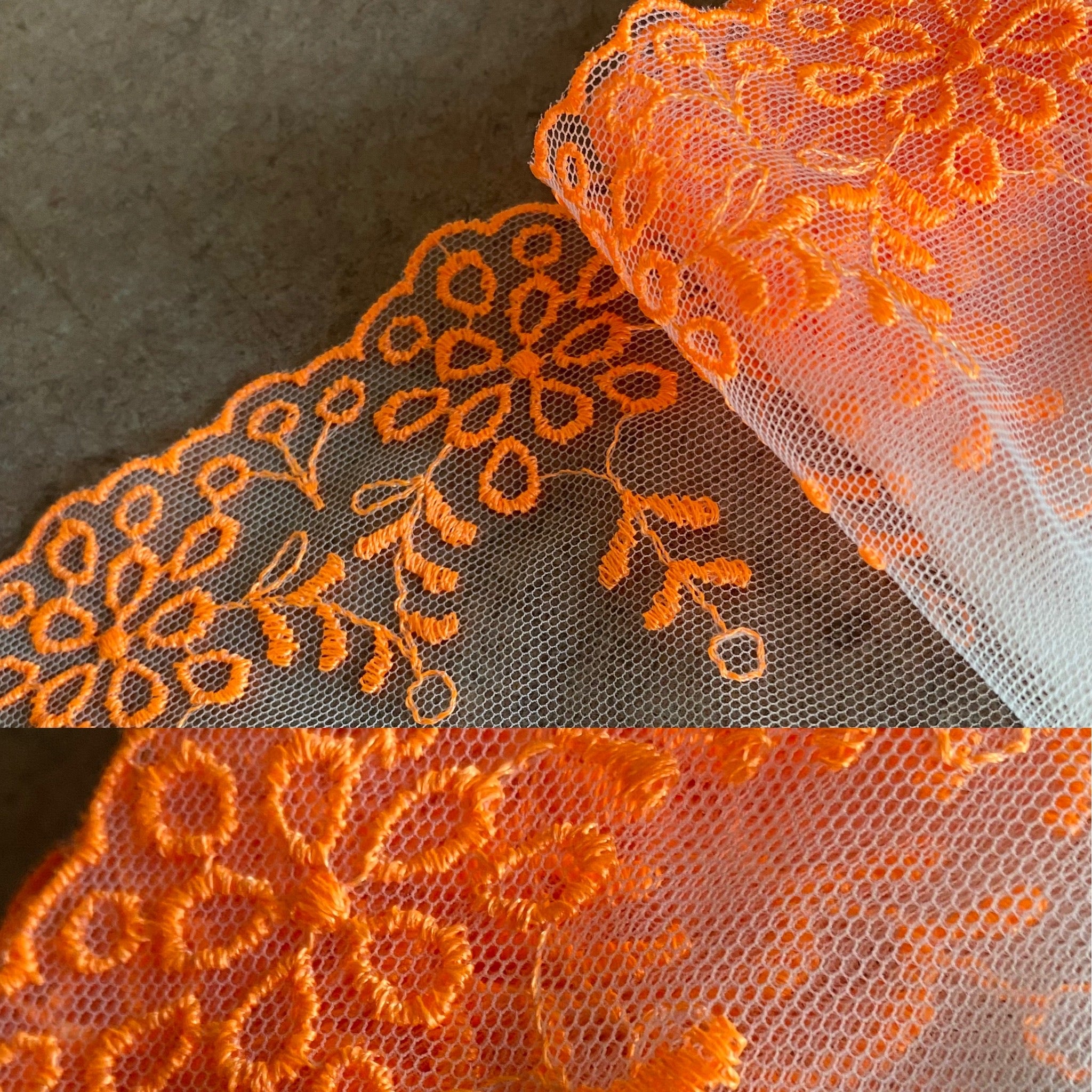 Fluorescent Orange Floral Embroidery Edging “Lace” (17cm Wide) - 1m