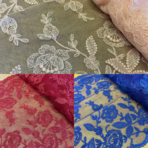 Peach “Tea Rose” Electric Blue Ruby Red Rigid Floral Embroidery Galloon Edging “Lace” (25cm Wide) - 1m