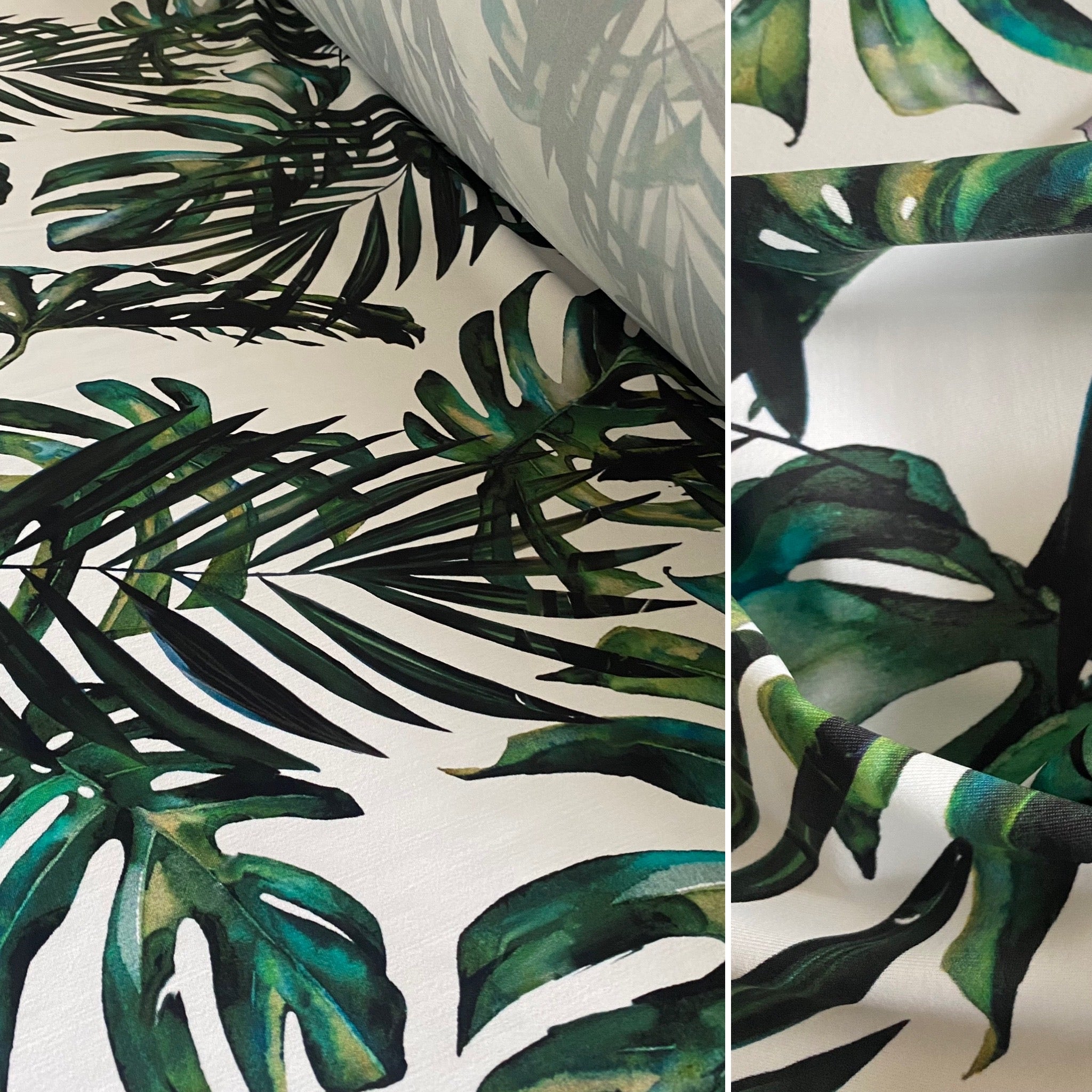 White Green & Fern Leaf Print Tropical Lycra Fabric - 1m